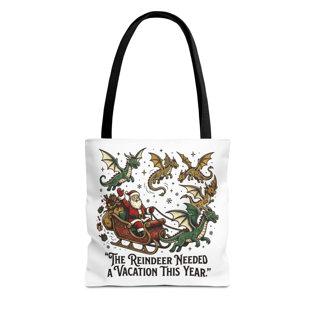 Santa with Dragon Reindeer Tote Bag | Christmas Humor, Holiday Illustration