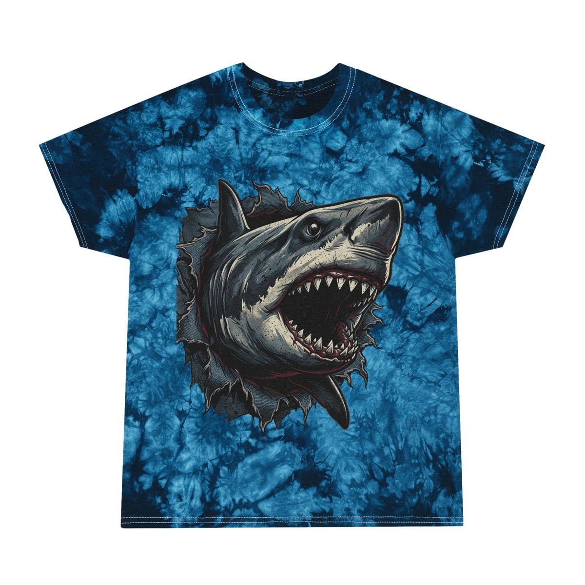 Blue Tie-Dye Shark T-Shirt — 3D Ripping Great White Graphic