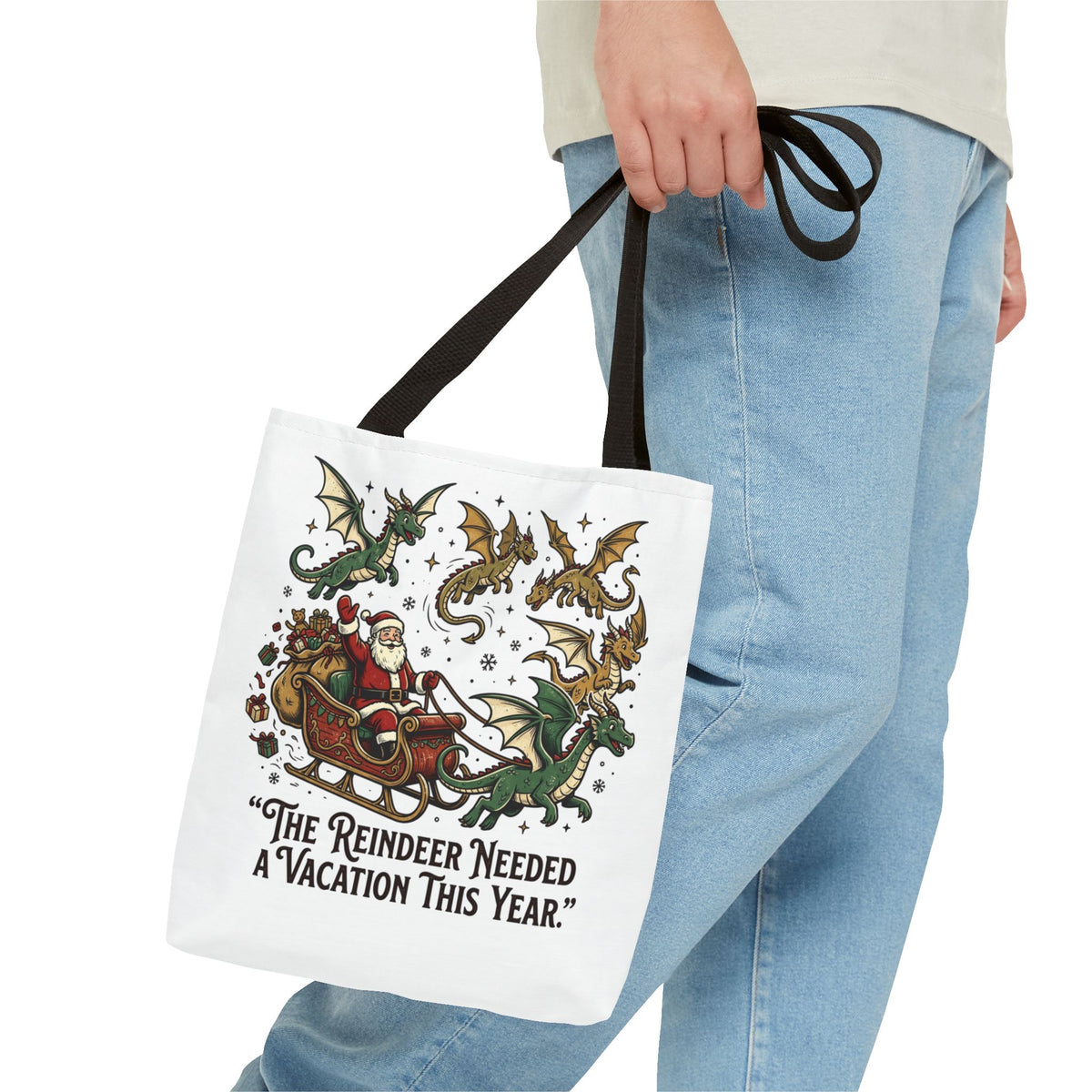 Santa with Dragon Reindeer Tote Bag | Christmas Humor, Holiday Illustration