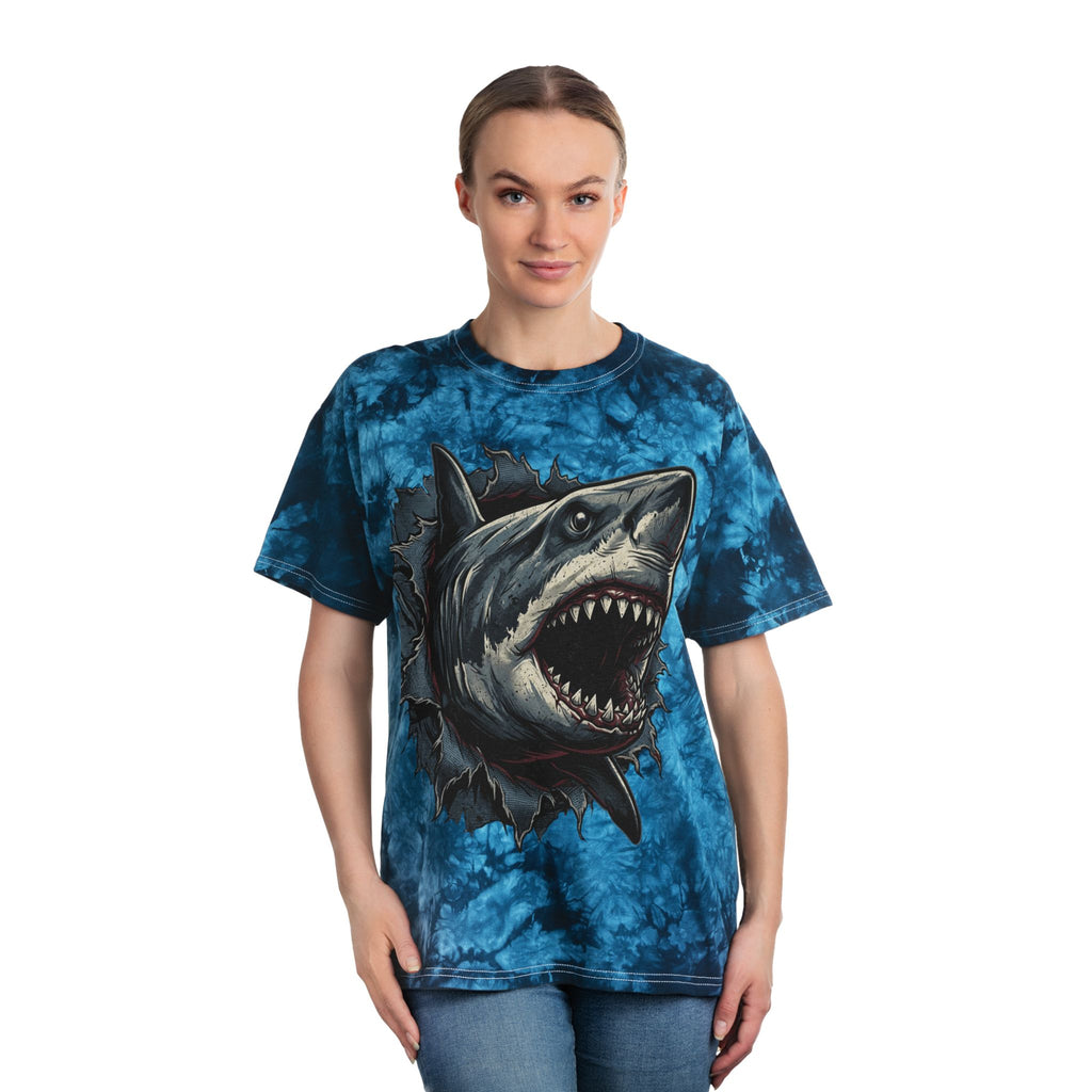 Blue Tie-Dye Shark T-Shirt — 3D Ripping Great White Graphic