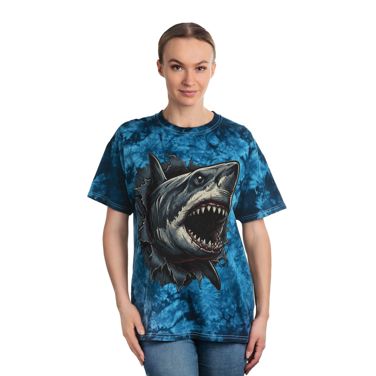 Blue Tie-Dye Shark T-Shirt — 3D Ripping Great White Graphic