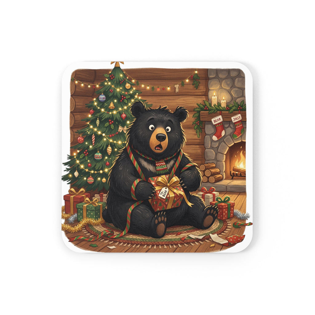 Christmas Bear Cork Coaster — Holiday Fireplace Gift
