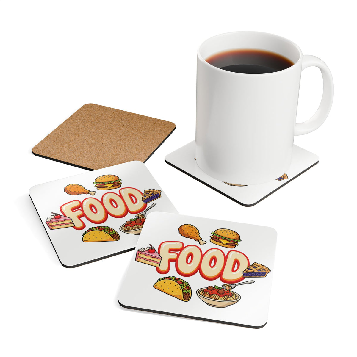 Food Icons Cork Coaster Set — Fun Restaurant Kitchen Drink Coasters