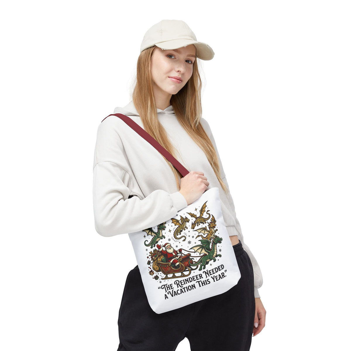 Santa with Dragon Reindeer Tote Bag | Christmas Humor, Holiday Illustration