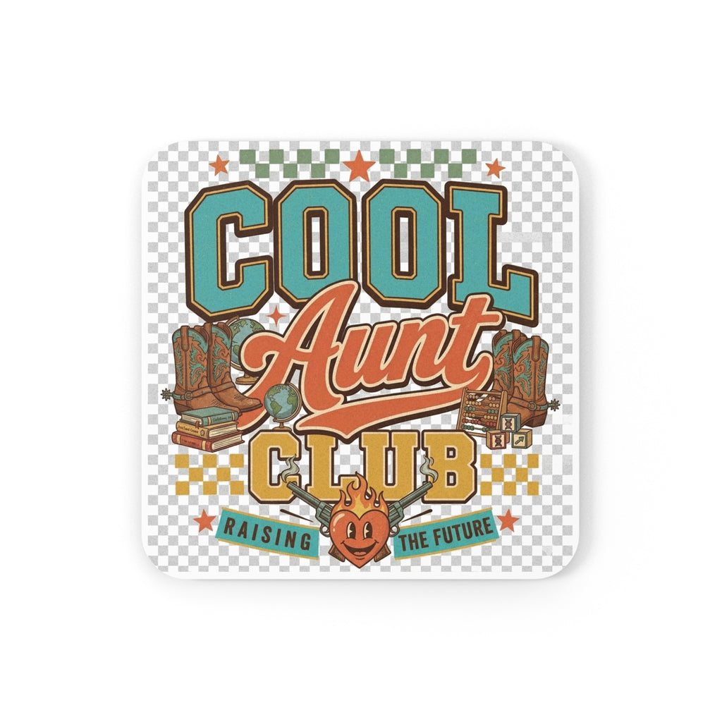 Cool Aunt Club Cork Back Coaster – Retro Graphic Drink Coaster, "Raising the Future" Gift for Aunts