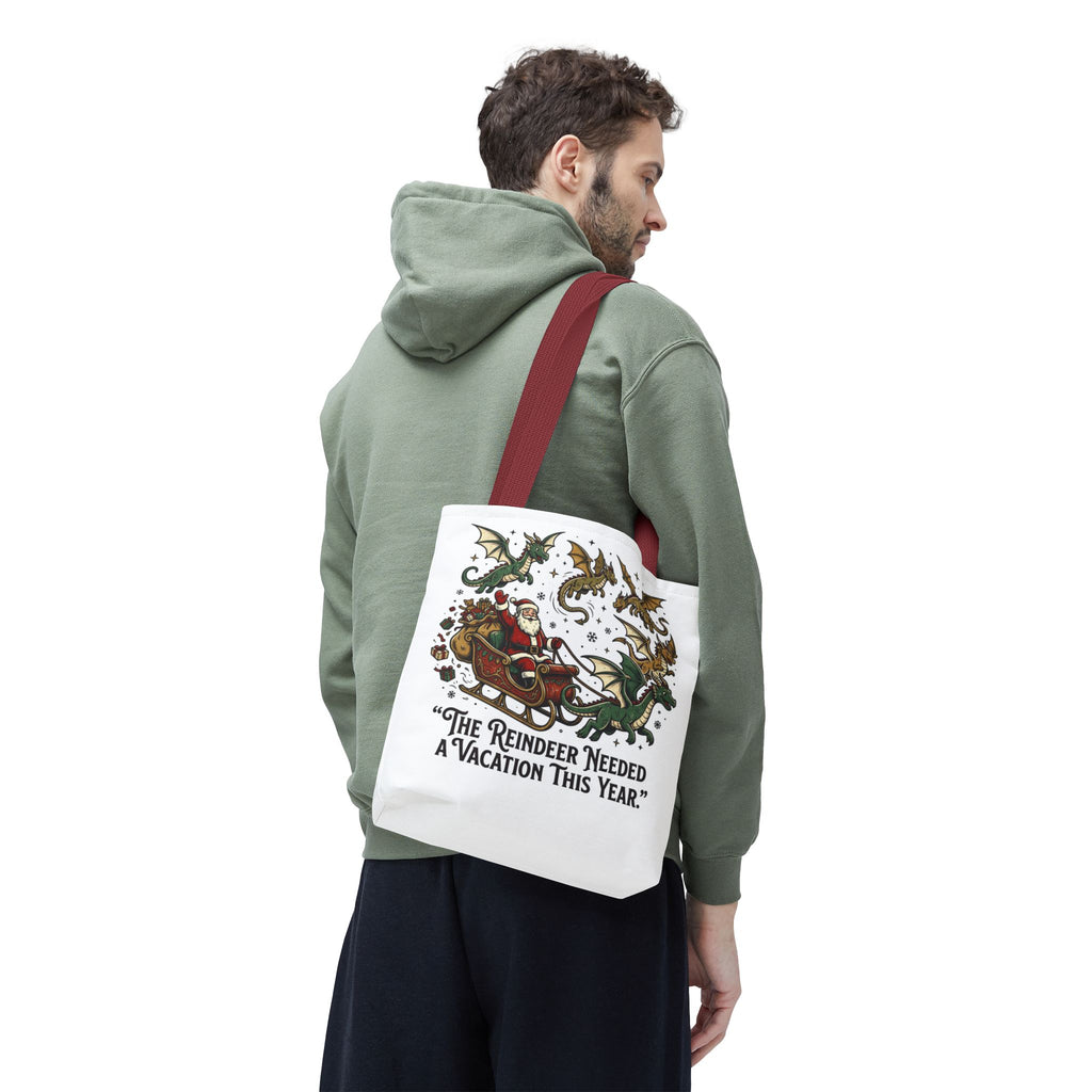 Santa with Dragon Reindeer Tote Bag | Christmas Humor, Holiday Illustration