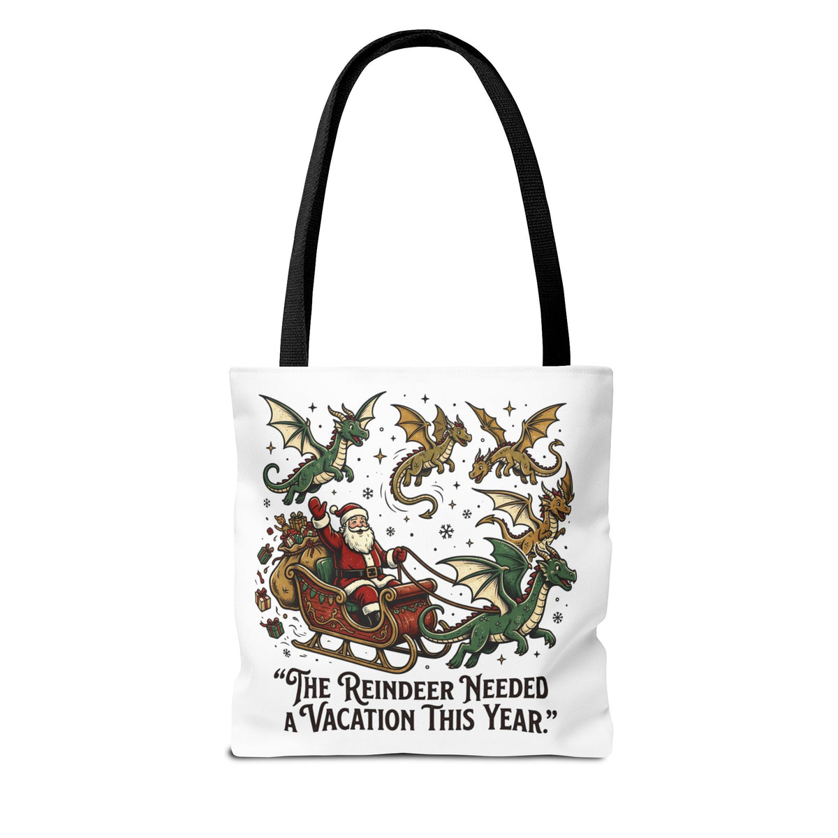 Santa with Dragon Reindeer Tote Bag | Christmas Humor, Holiday Illustration