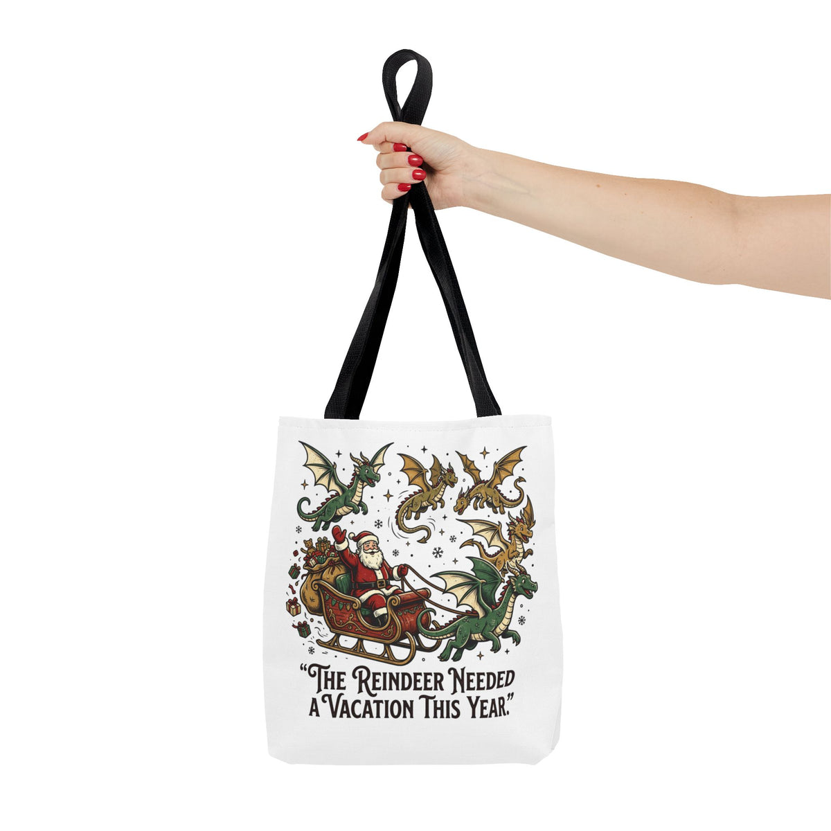 Santa with Dragon Reindeer Tote Bag | Christmas Humor, Holiday Illustration