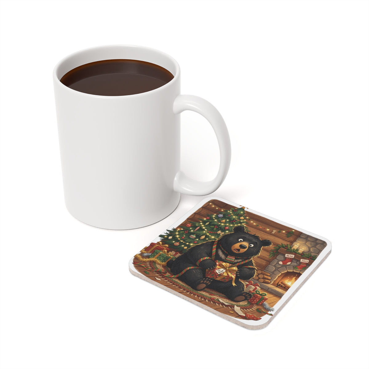 Christmas Bear Cork Coaster — Holiday Fireplace Gift