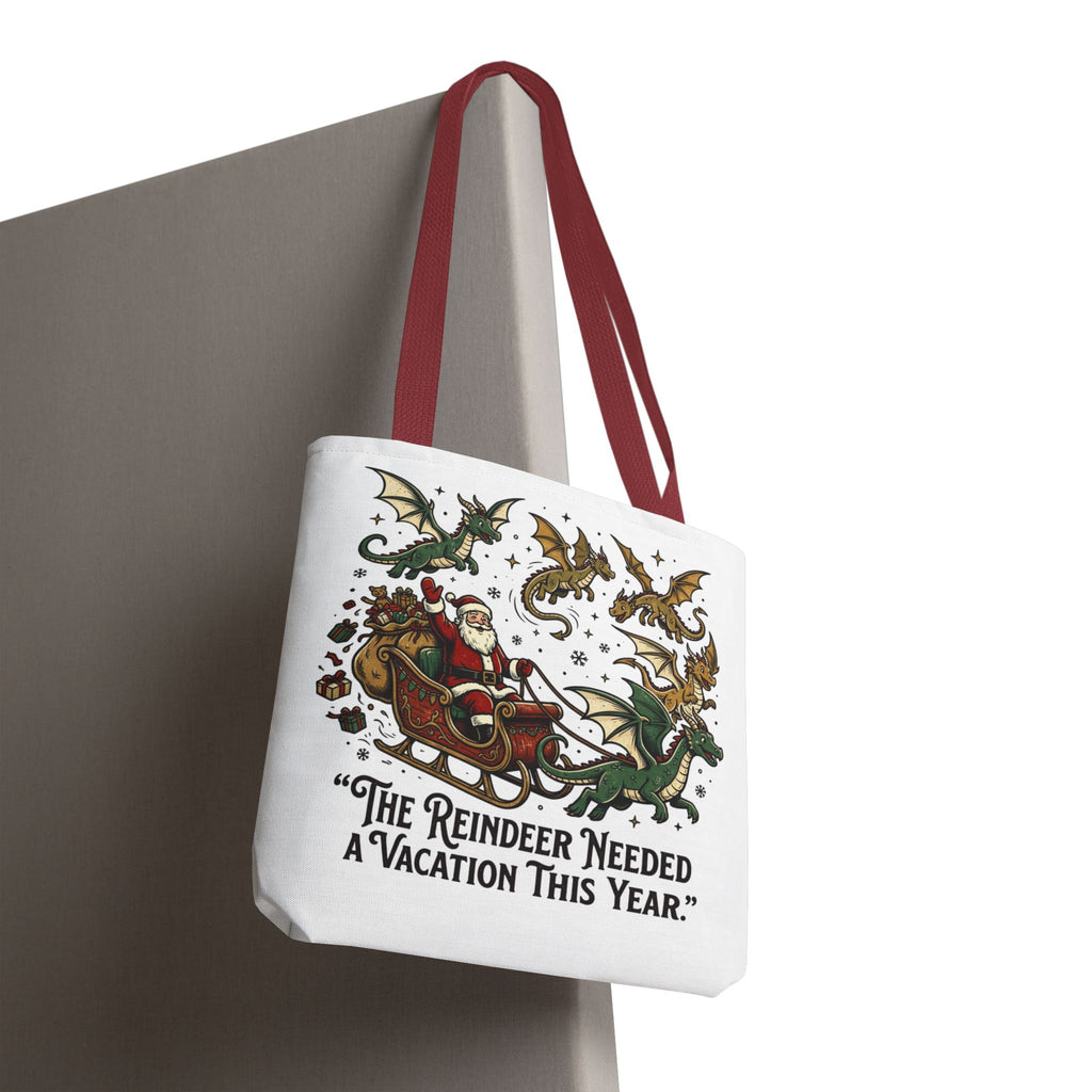 Santa with Dragon Reindeer Tote Bag | Christmas Humor, Holiday Illustration