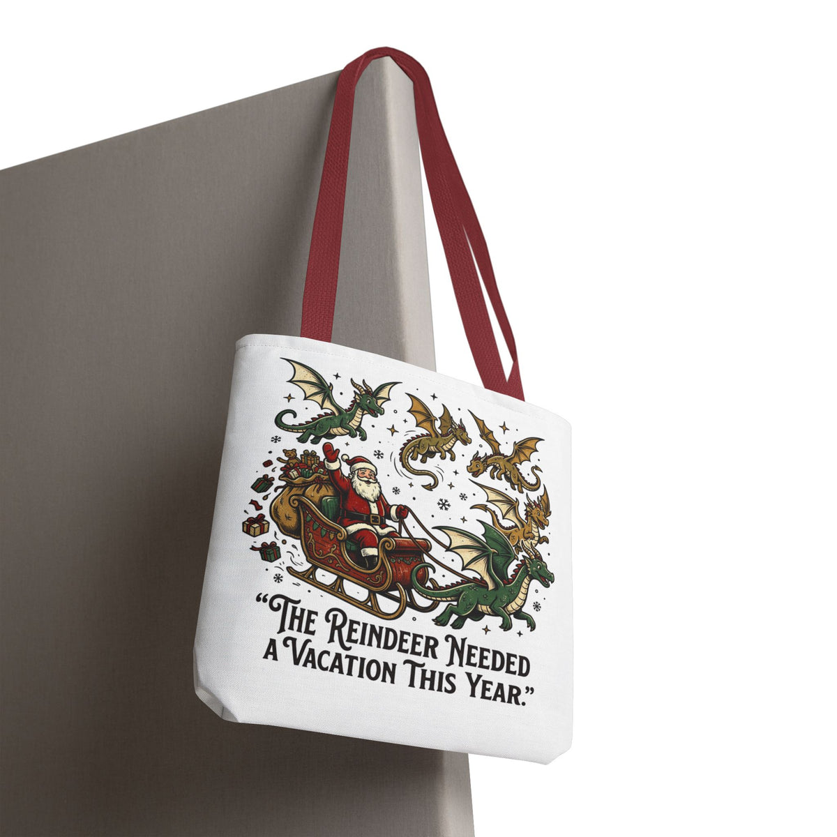 Santa with Dragon Reindeer Tote Bag | Christmas Humor, Holiday Illustration