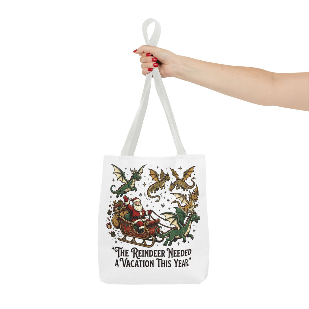 Santa with Dragon Reindeer Tote Bag | Christmas Humor, Holiday Illustration