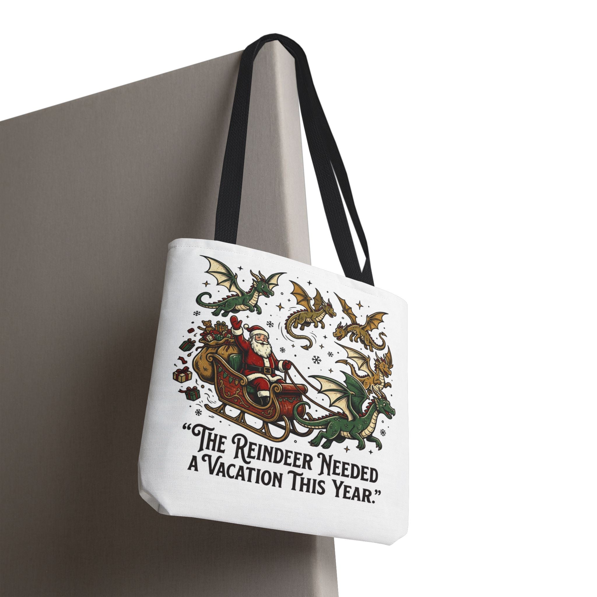 Santa with Dragon Reindeer Tote Bag | Christmas Humor, Holiday Illustration