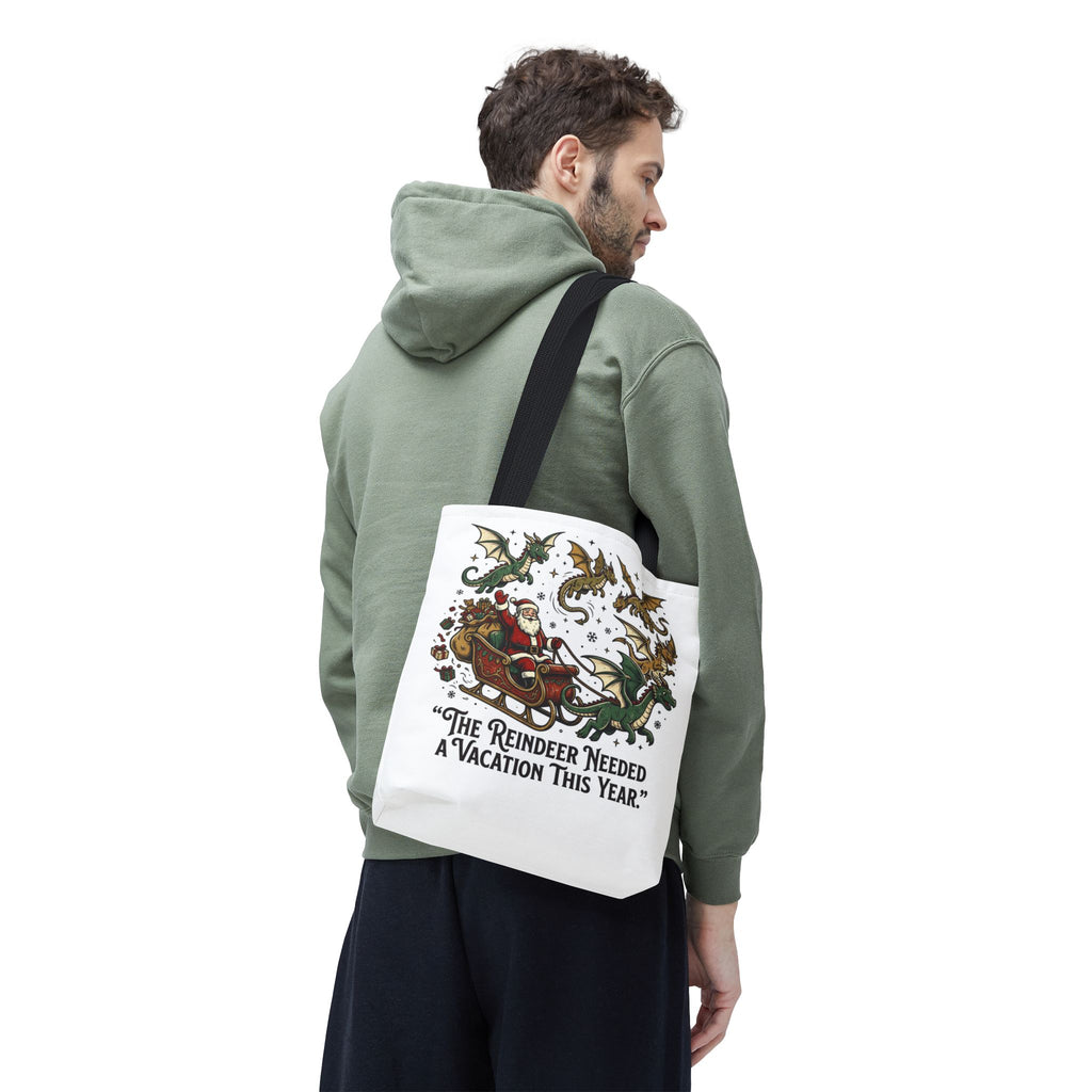 Santa with Dragon Reindeer Tote Bag | Christmas Humor, Holiday Illustration