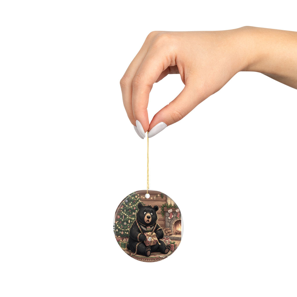 Cozy Christmas Bear Holding Present Ceramic Ornament | Holiday Tree Decor