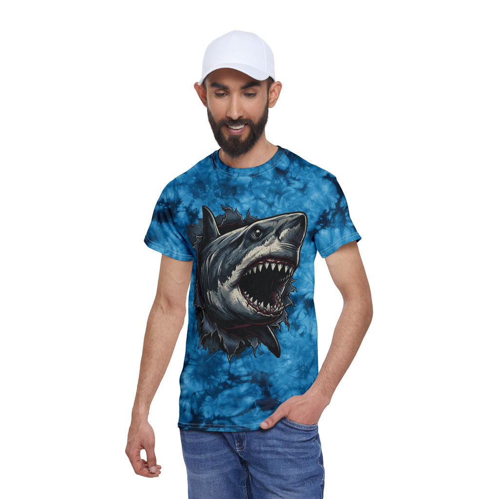 Blue Tie-Dye Shark T-Shirt — 3D Ripping Great White Graphic