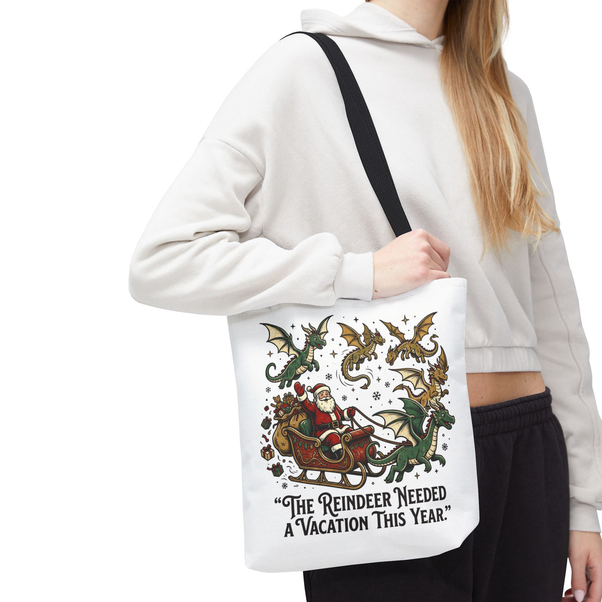 Santa with Dragon Reindeer Tote Bag | Christmas Humor, Holiday Illustration