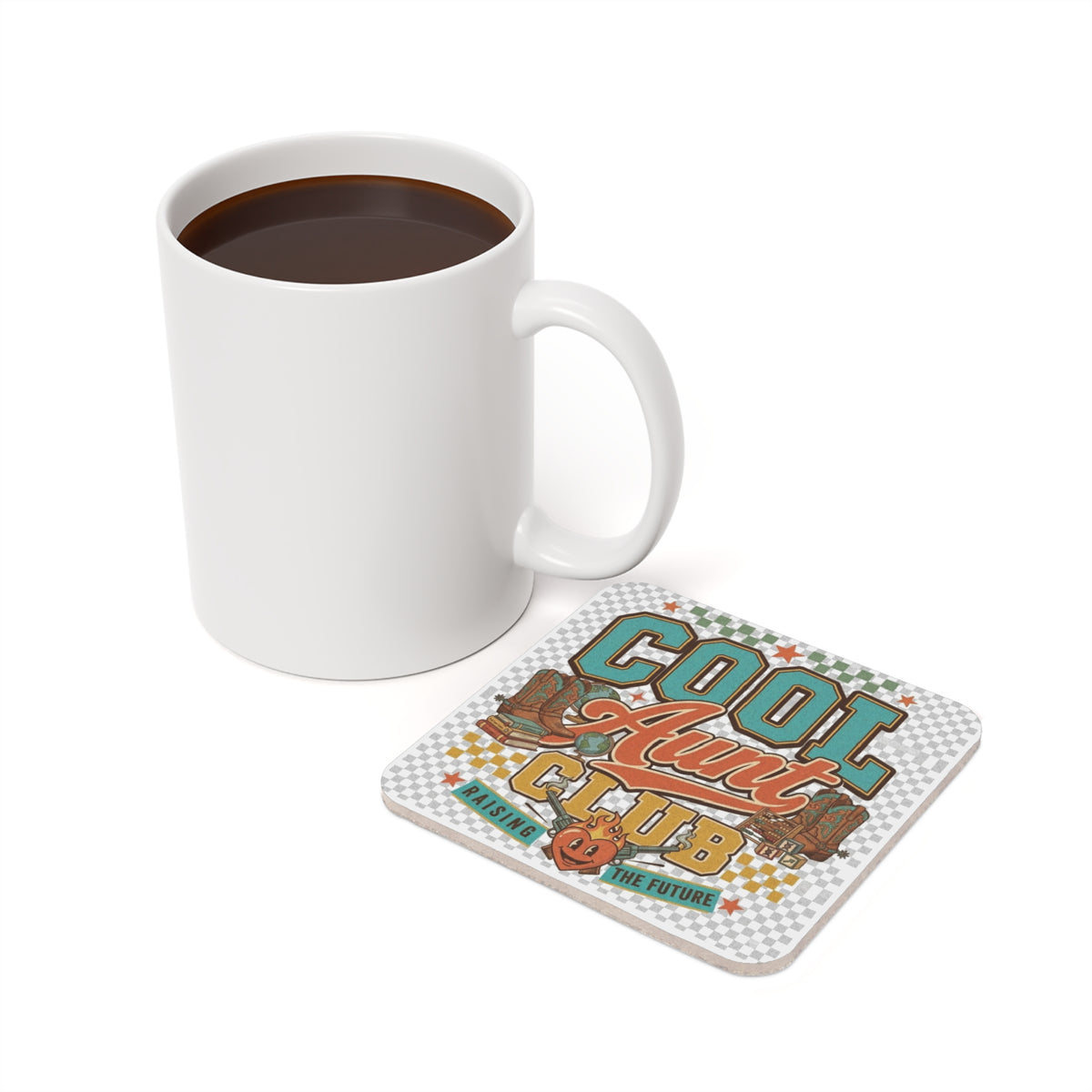 Cool Aunt Club Cork Back Coaster – Retro Graphic Drink Coaster, "Raising the Future" Gift for Aunts