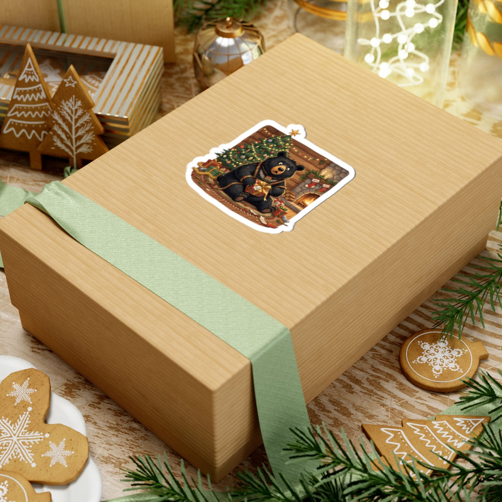 Christmas Bear Sticker — Cozy Holiday Bear with Tree & Fireplace Kiss-Cut Sticker