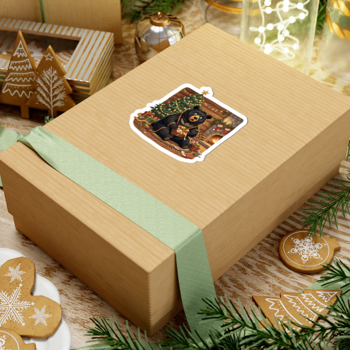 Christmas Bear Sticker — Cozy Holiday Bear with Tree & Fireplace Kiss-Cut Sticker