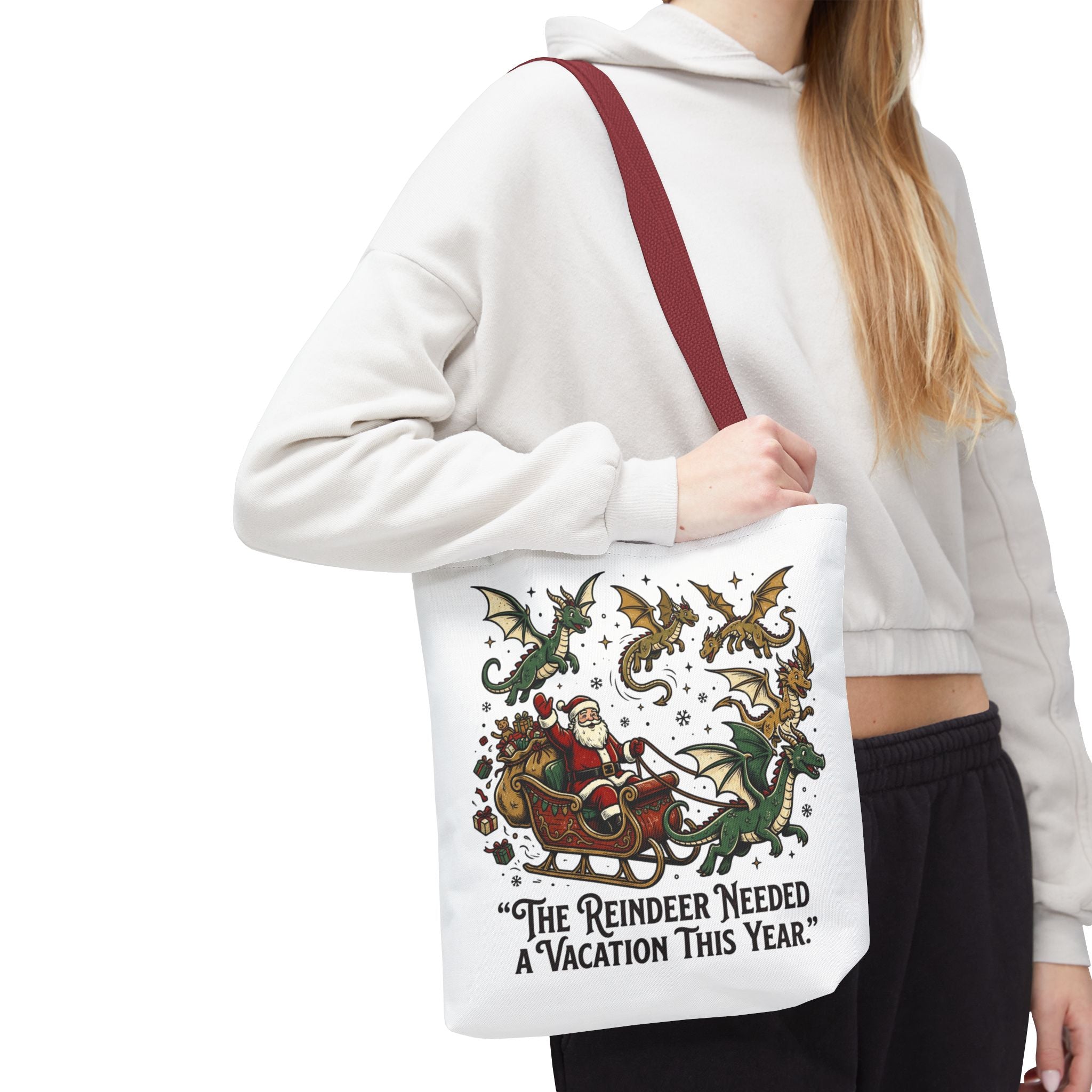 Santa with Dragon Reindeer Tote Bag | Christmas Humor, Holiday Illustration