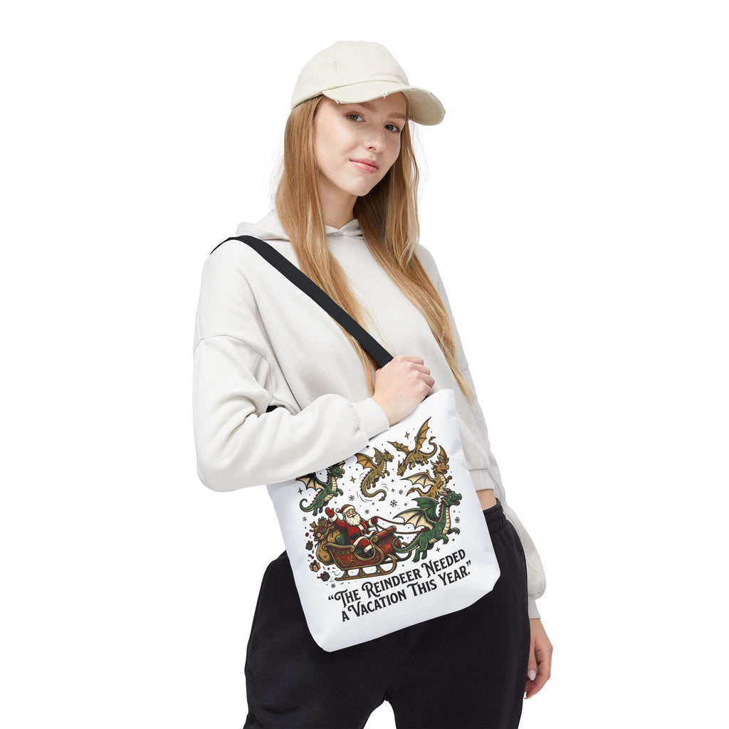 Santa with Dragon Reindeer Tote Bag | Christmas Humor, Holiday Illustration
