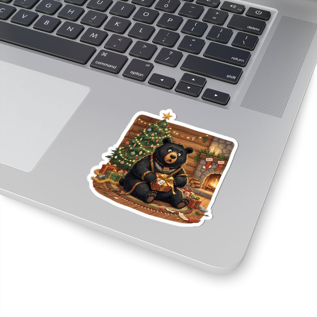 Christmas Bear Sticker — Cozy Holiday Bear with Tree & Fireplace Kiss-Cut Sticker