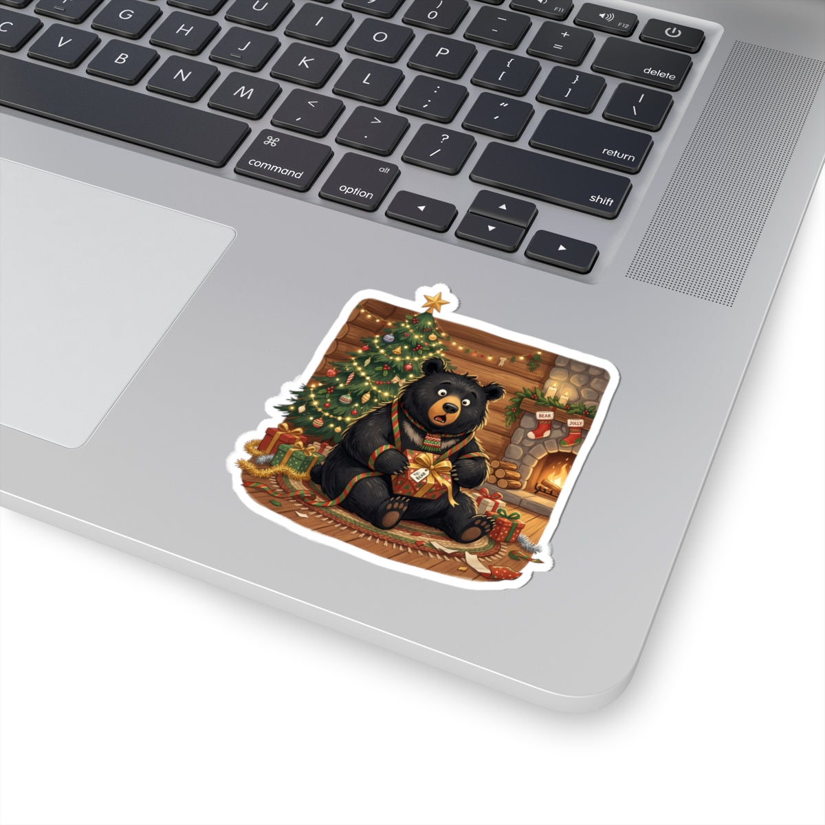 Christmas Bear Sticker — Cozy Holiday Bear with Tree & Fireplace Kiss-Cut Sticker