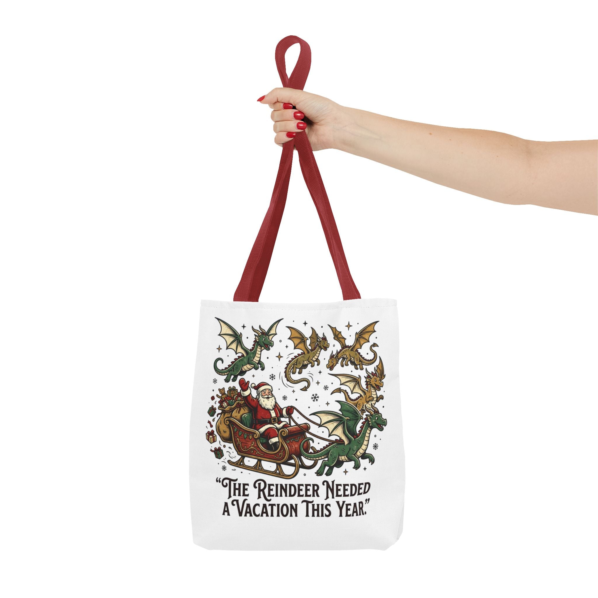 Santa with Dragon Reindeer Tote Bag | Christmas Humor, Holiday Illustration