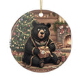 Cozy Christmas Bear Holding Present Ceramic Ornament | Holiday Tree Decor